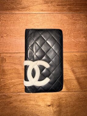 CHANEL Cambon Line Long Bifold Wallet Black Matelasse Leather